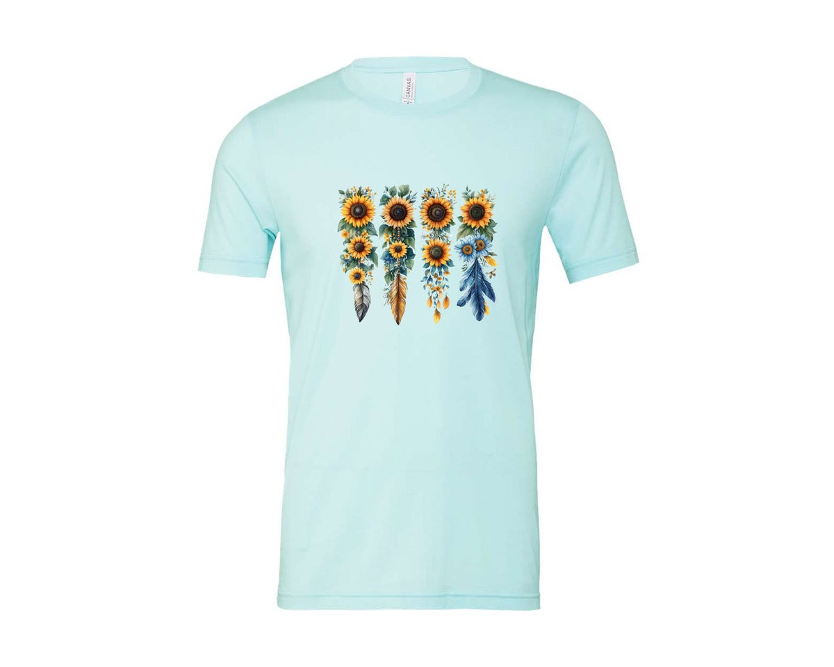 brand:Bella Canvas|color:Heather Ice Blue|Boho Wildflowers Feathers Flowers Graphic T-Shirt