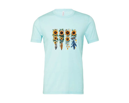 brand:Bella Canvas|color:Heather Ice Blue|Boho Wildflowers Feathers Flowers Graphic T-Shirt