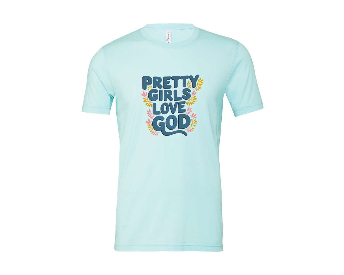 brand:Bella Canvas|color:Heather Ice Blue|Pretty Girls Love God Christian 3 Graphic T-Shirt