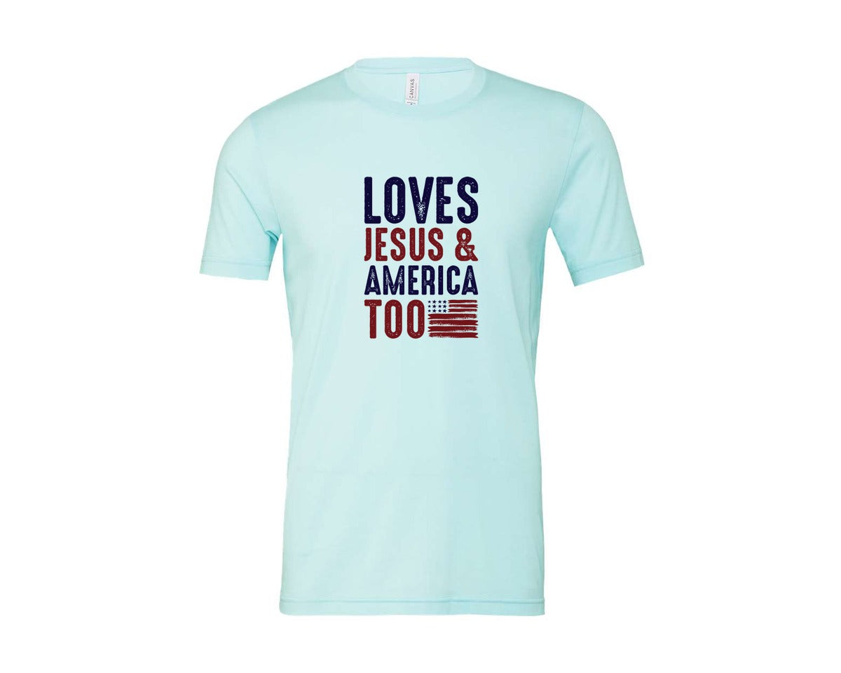brand:Bella Canvas|color:Heather Ice Blue|Loves Jesus And America Too Jesus Graphic T-Shirt
