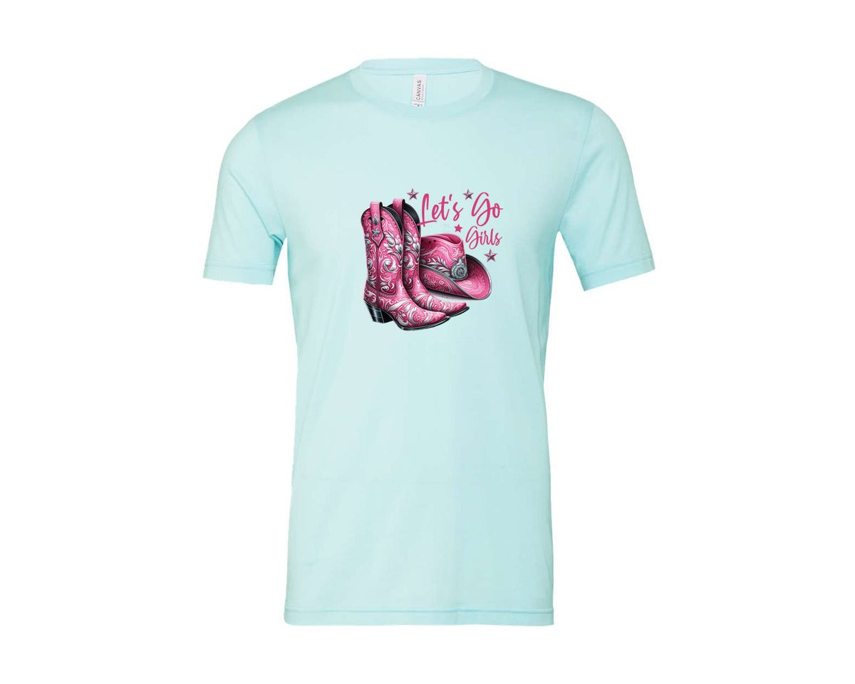 brand:Bella Canvas|color:Heather Ice Blue|Lets Go Girls Cowgirl Boots 2 Graphic T-Shirt