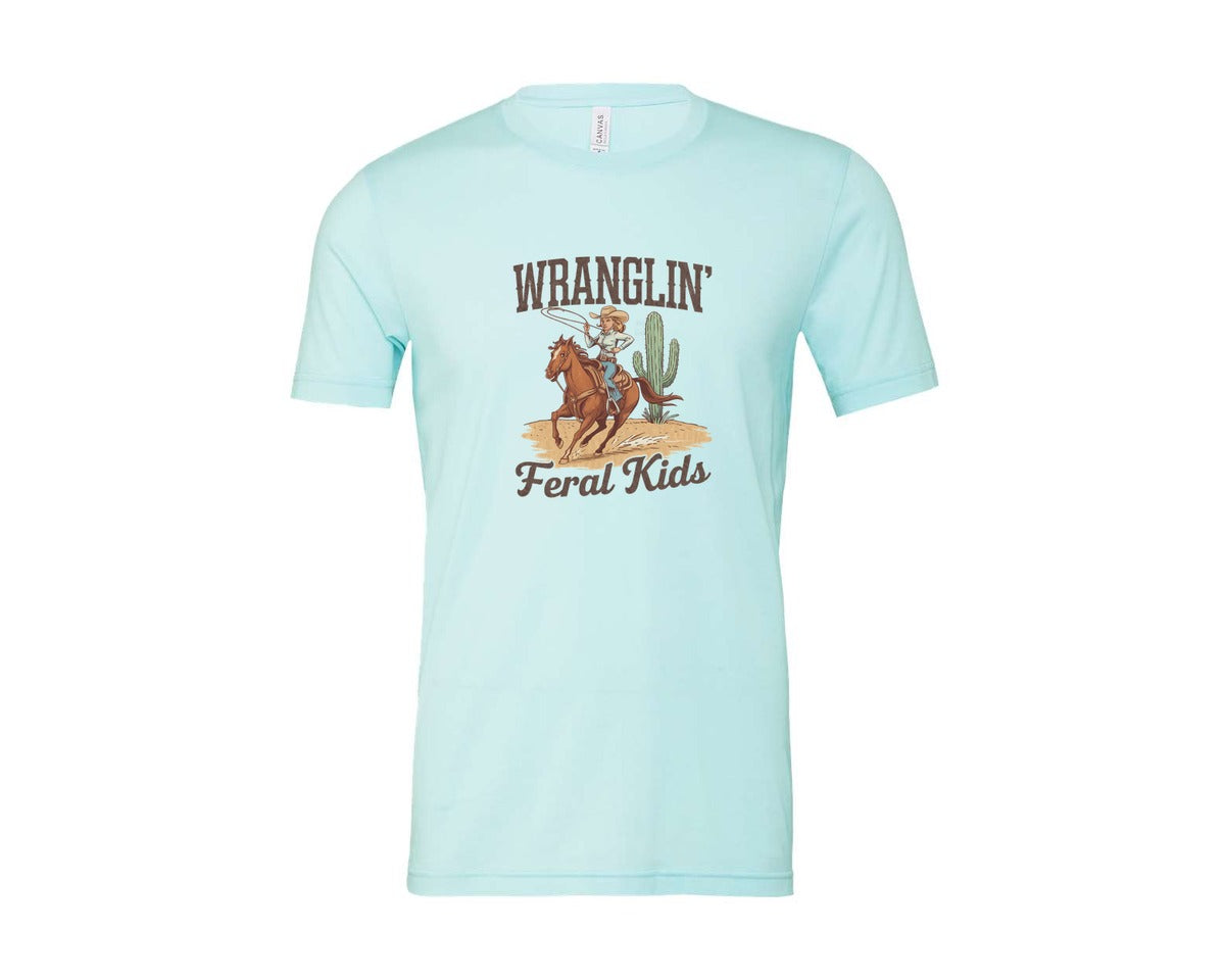 brand:Bella Canvas|color:Heather Ice Blue|Wranglin Feral Kids Western Mothers Day 3 Graphic T-Shirt