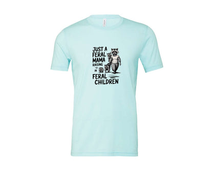 brand:Bella Canvas|color:Heather Ice Blue|Funny Mothers Day Raccoon Mama Tired Graphic T-Shirt