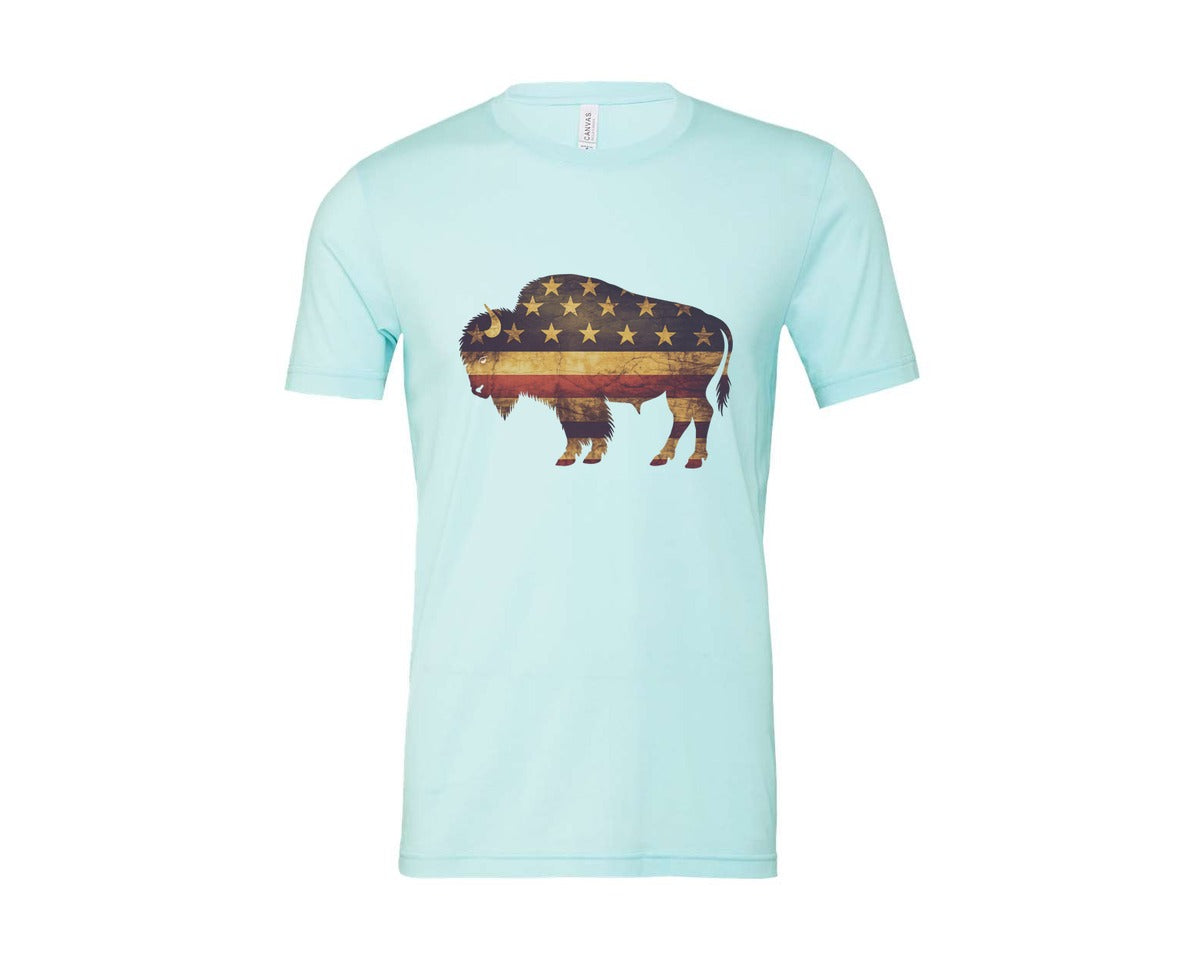 brand:Bella Canvas|color:Heather Ice Blue|American Bison Patriotic Usa Flag 4 Graphic T-Shirt