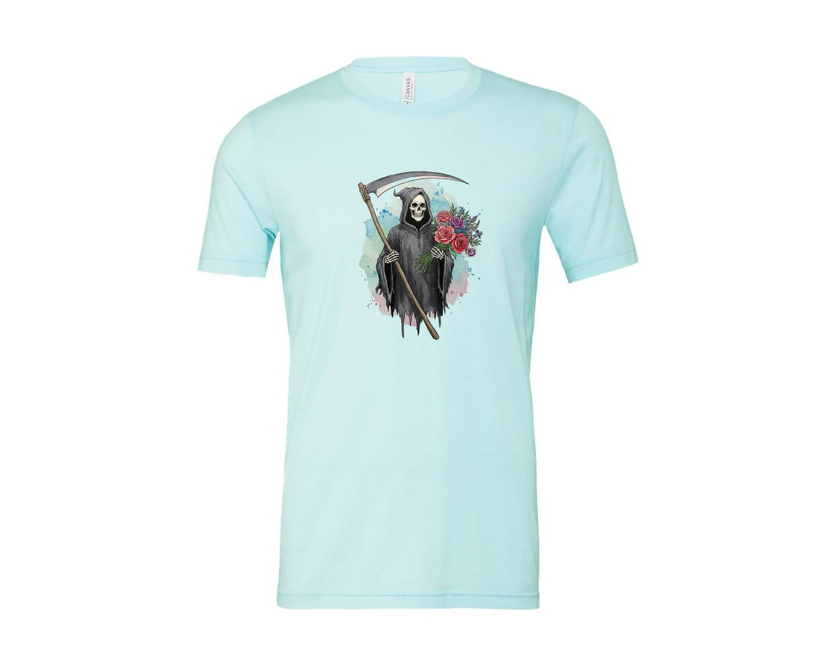 brand:Bella Canvas|color:Heather Ice Blue|Grim Reaper With Flowers Gothic Graphic T-Shirt
