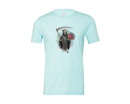 brand:Bella Canvas|color:Heather Ice Blue|Grim Reaper With Flowers Gothic Graphic T-Shirt