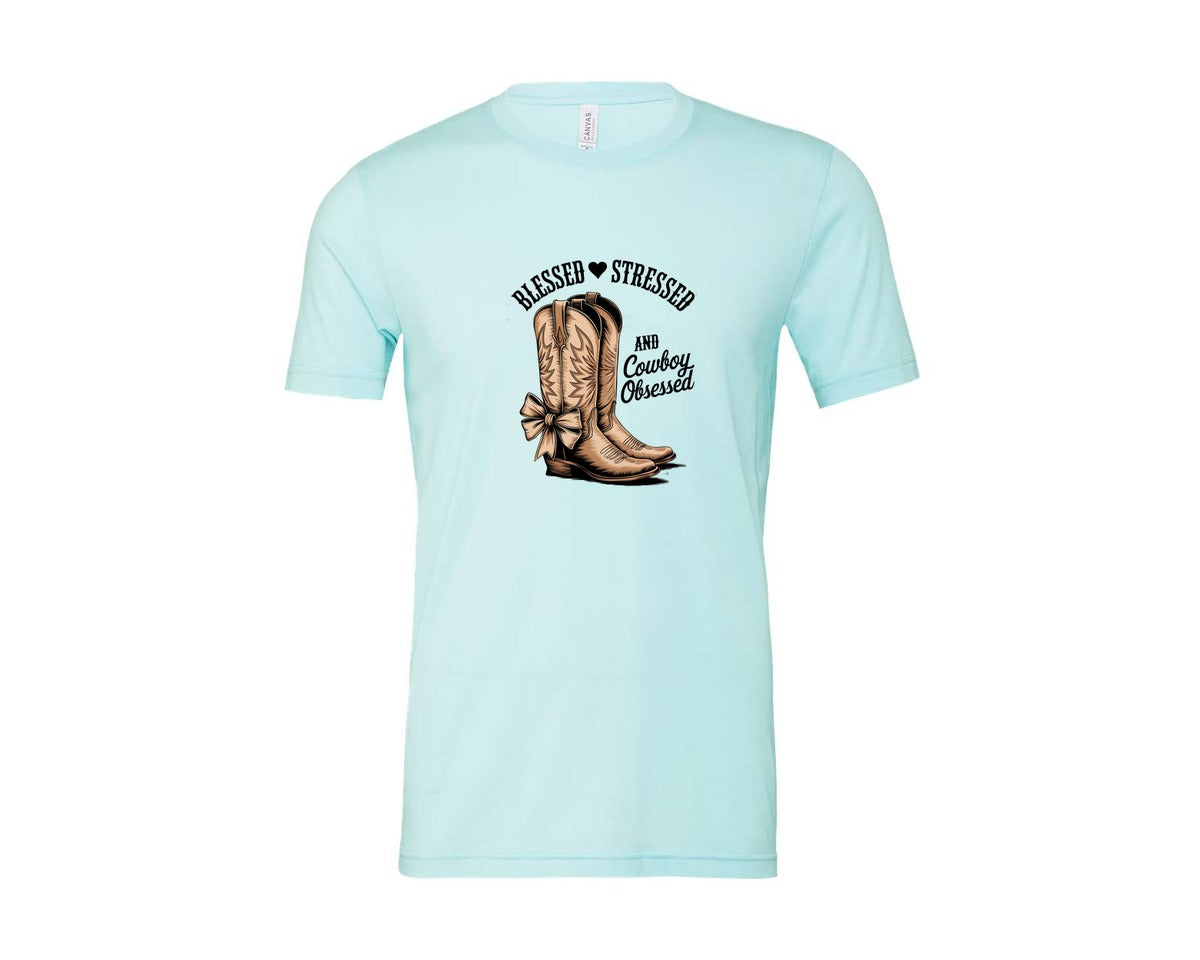 brand:Bella Canvas|color:Heather Ice Blue|Blessed Stressed Mom Western Mothers Day 2 Graphic T-Shirt