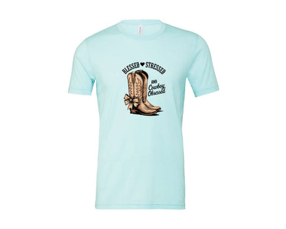 brand:Bella Canvas|color:Heather Ice Blue|Blessed Stressed Mom Western Mothers Day 2 Graphic T-Shirt