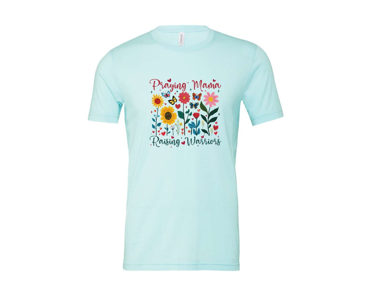 brand:Bella Canvas|color:Heather Ice Blue|Praying Mama Raising Warriors Boho Graphic T-Shirt