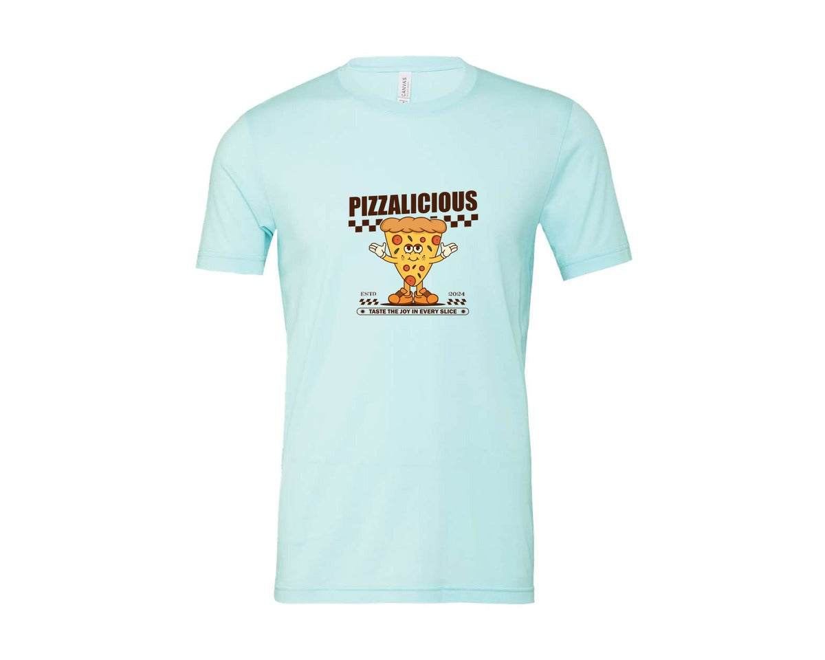 brand:Bella Canvas|color:Heather Ice Blue|Vintage Slice Pizza Cartoon Character Graphic T-Shirt