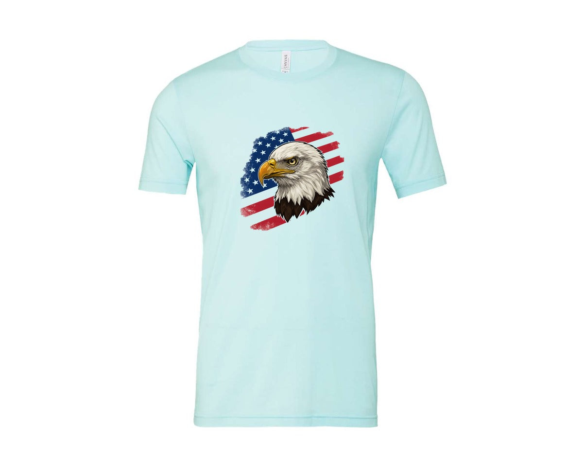 brand:Bella Canvas|color:Heather Ice Blue|American Eagle With Flag Patriotic Graphic T-Shirt