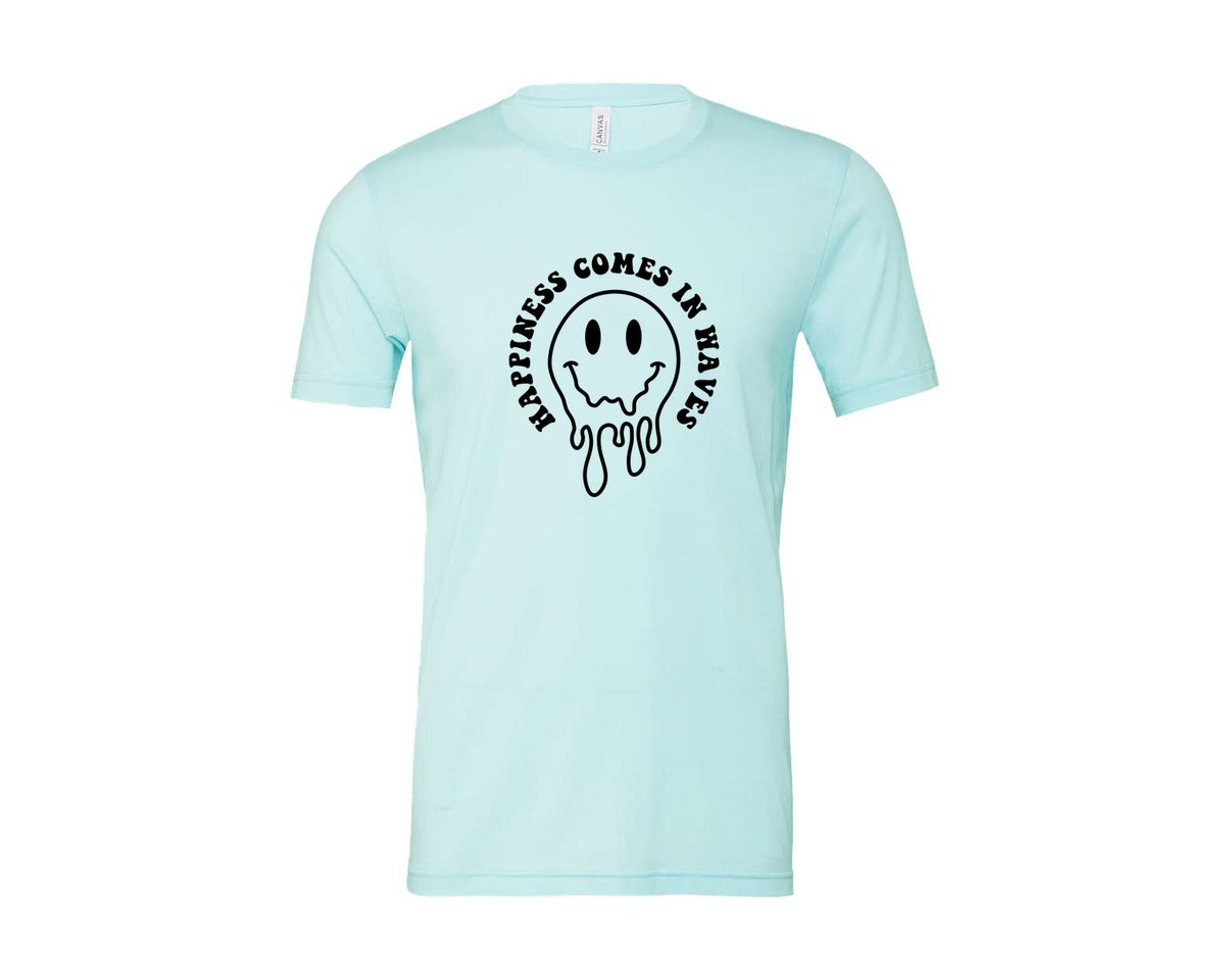 brand:Bella Canvas|color:Heather Ice Blue|Happiness Comes In Waves Wavy Graphic T-Shirt