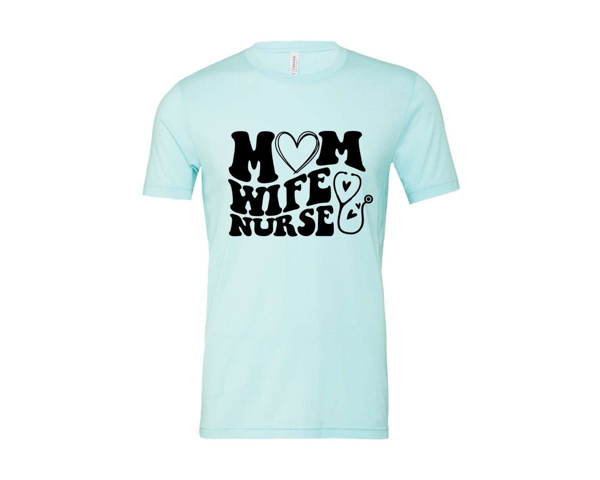 brand:Bella Canvas|color:Heather Ice Blue|Mom Wife Nurse Wavy Graphic T-Shirt