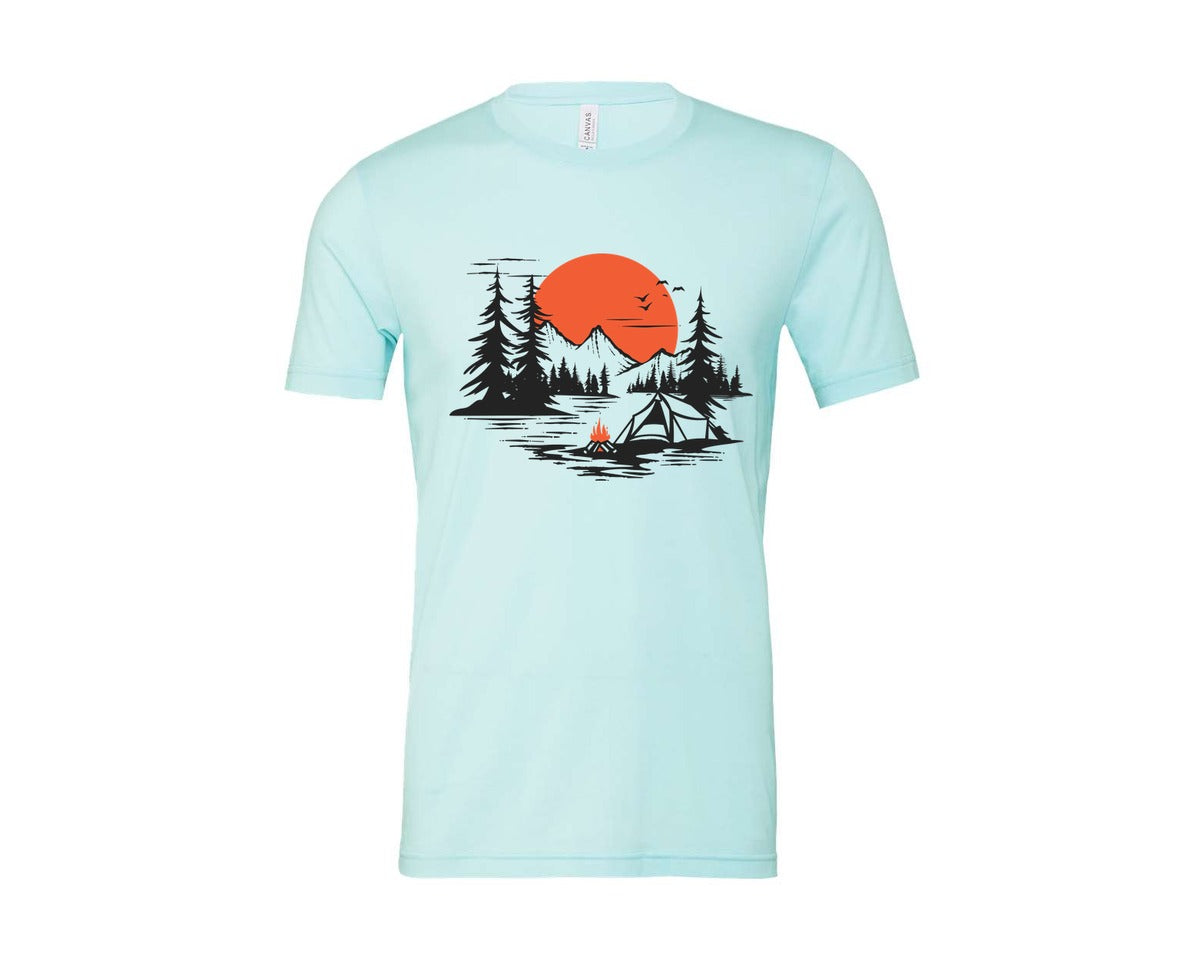 brand:Bella Canvas|color:Heather Ice Blue|Sunset Camping Adventure T Shirt Design 9 Graphic T-Shirt