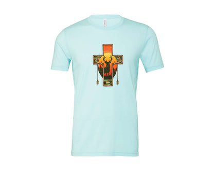 brand:Bella Canvas|color:Heather Ice Blue|Deer Cross Rustic Hunting Cross Sub Graphic T-Shirt