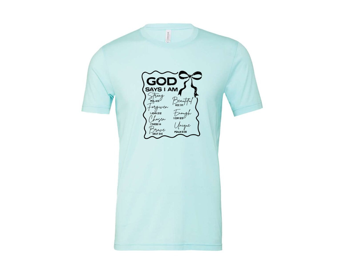 brand:Bella Canvas|color:Heather Ice Blue|God Says I Am Coquette Christian Graphic T-Shirt