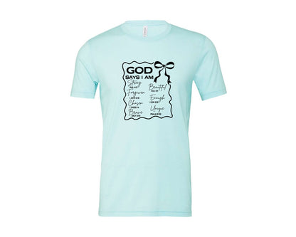 brand:Bella Canvas|color:Heather Ice Blue|God Says I Am Coquette Christian Graphic T-Shirt