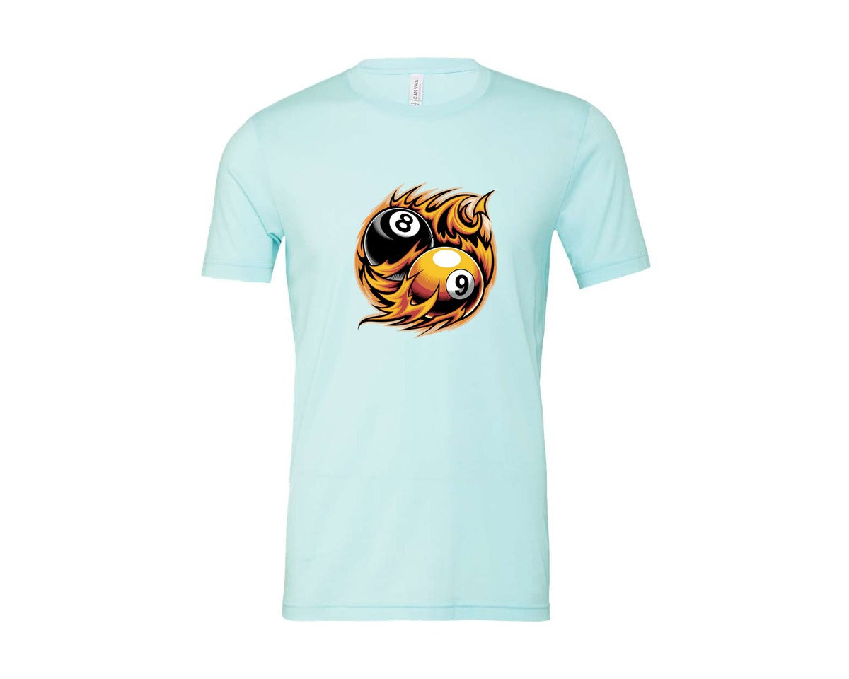 brand:Bella Canvas|color:Heather Ice Blue|Flaming 8 9 Ball Billiards Graphic T-Shirt