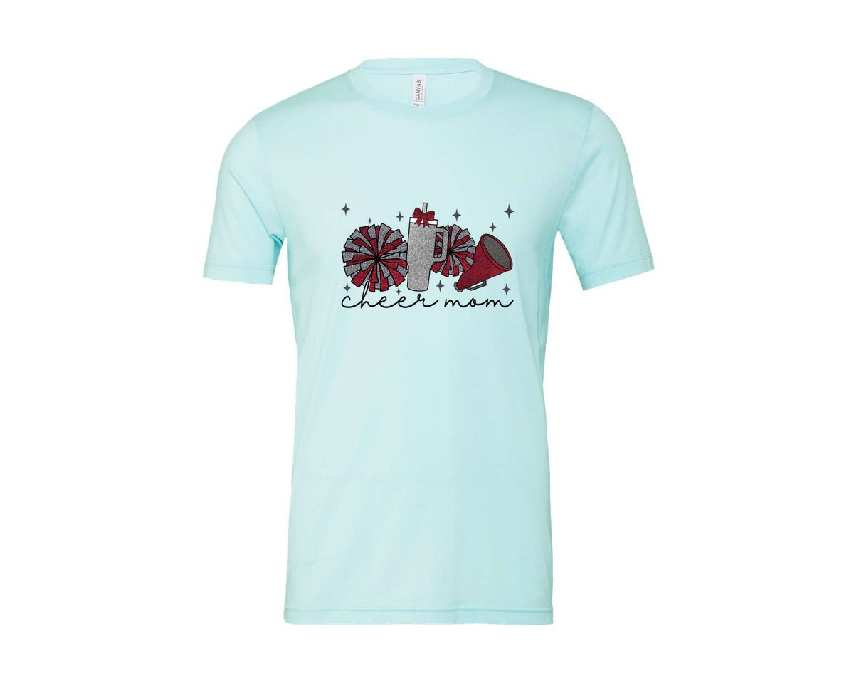 brand:Bella Canvas|color:Heather Ice Blue|Cheer Mom Glitter Cheerleading Graphic T-Shirt