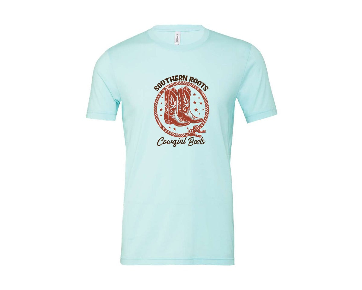 brand:Bella Canvas|color:Heather Ice Blue|Southern Roots Cowgirl Boots Cowgir Graphic T-Shirt
