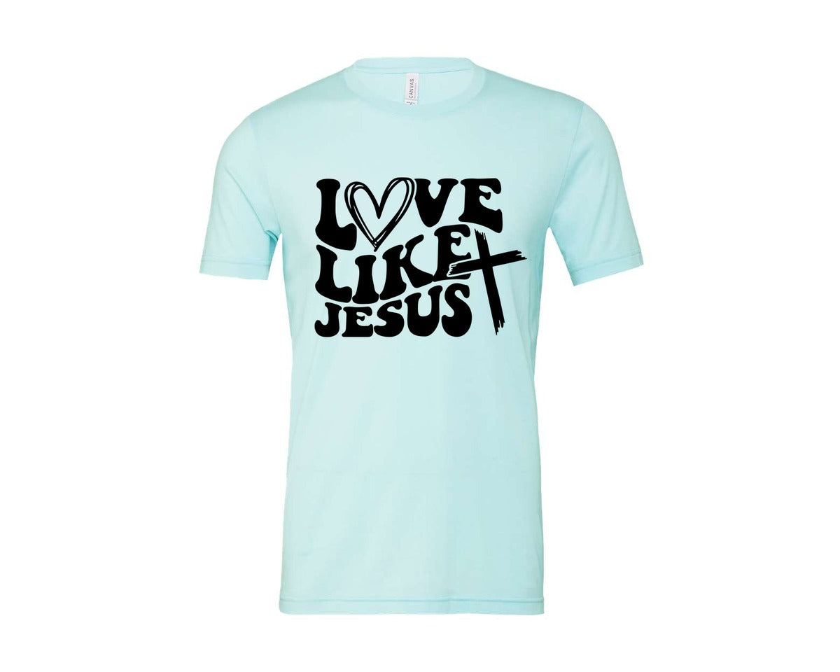 brand:Bella Canvas|color:Heather Ice Blue|Love Like Jesus Wavy 2 Graphic T-Shirt