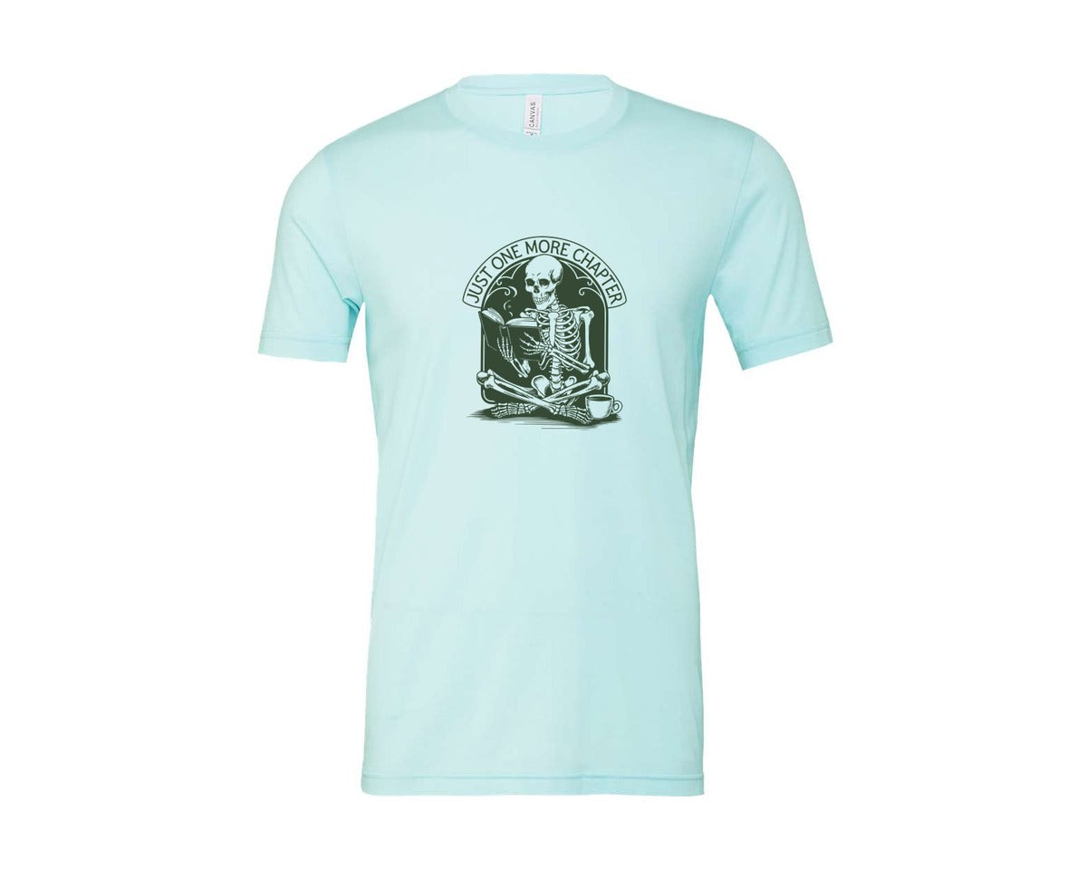 brand:Bella Canvas|color:Heather Ice Blue|Just One More Chapter Skeleton Coffee 2 Graphic T-Shirt