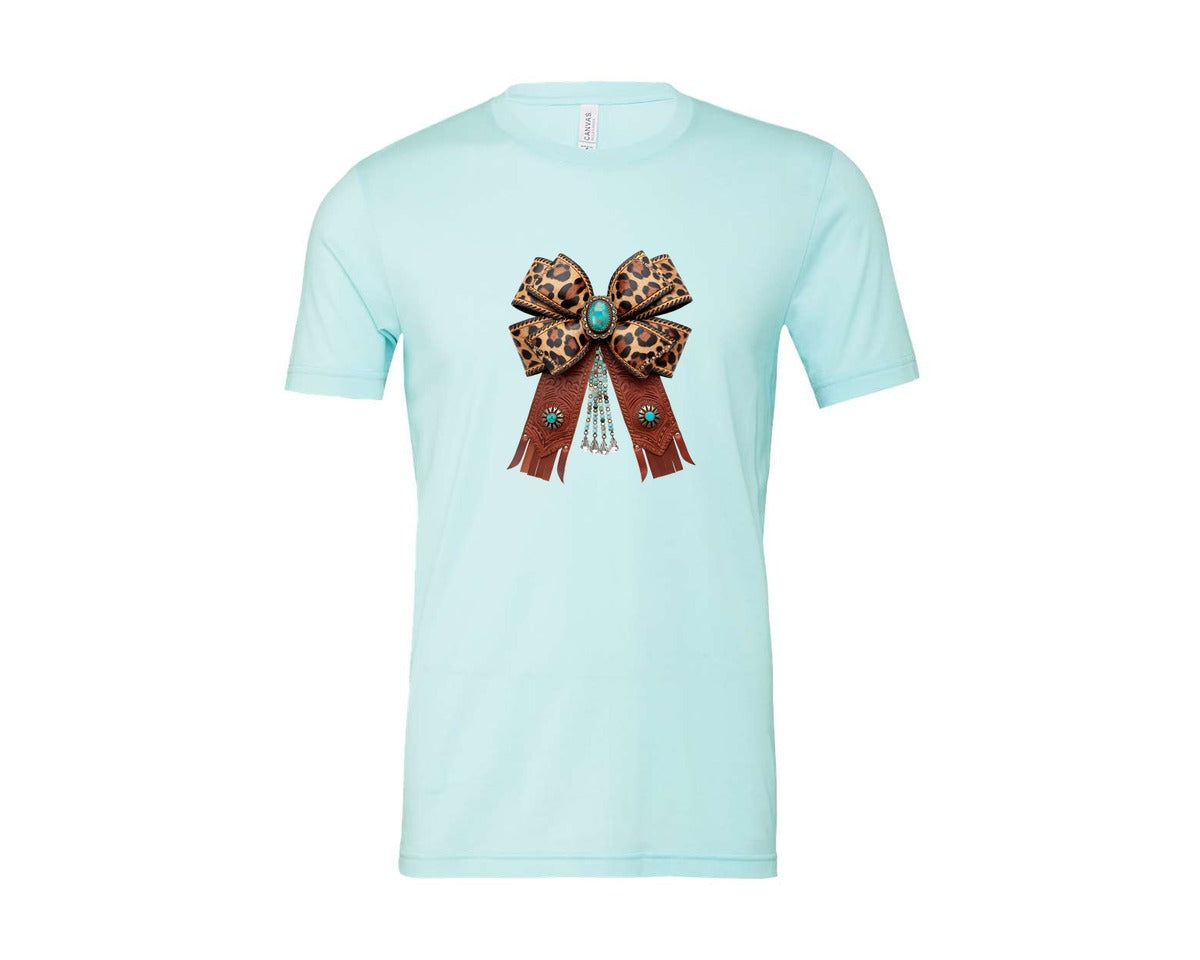 brand:Bella Canvas|color:Heather Ice Blue|Western Leopard Bow Coquette Cowgirl 2 Graphic T-Shirt