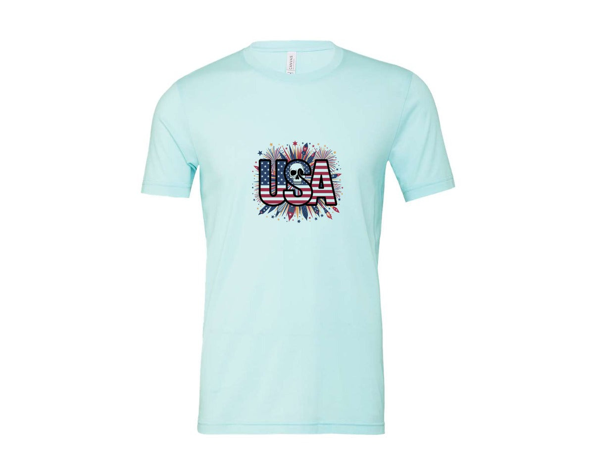 brand:Bella Canvas|color:Heather Ice Blue|Usa Skull Fireworks 4Th Of July T Shirt 2 Graphic T-Shirt