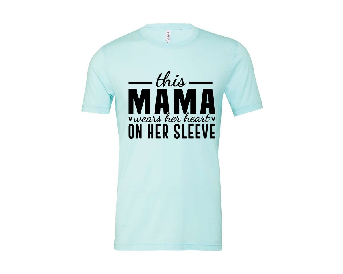 brand:Bella Canvas|color:Heather Ice Blue|This Mama Wears Her Heart On Her Sleeve 77 Graphic T-Shirt