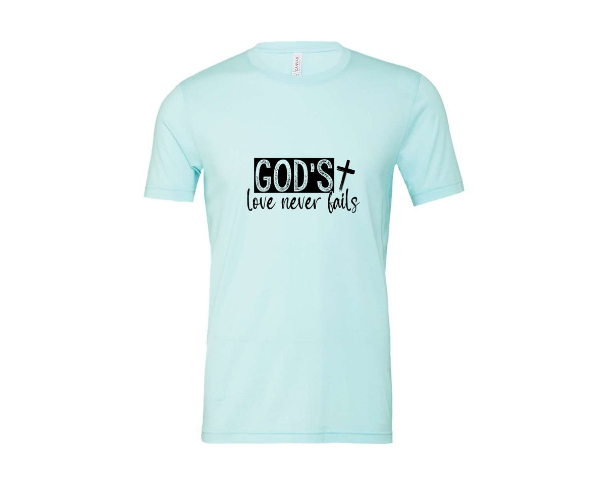 brand:Bella Canvas|color:Heather Ice Blue|Gods Love Never Fails Sleeve Design 2 Graphic T-Shirt