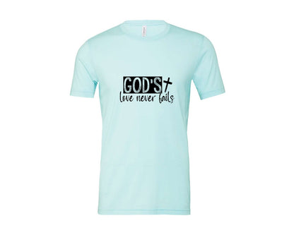 brand:Bella Canvas|color:Heather Ice Blue|Gods Love Never Fails Sleeve Design 2 Graphic T-Shirt