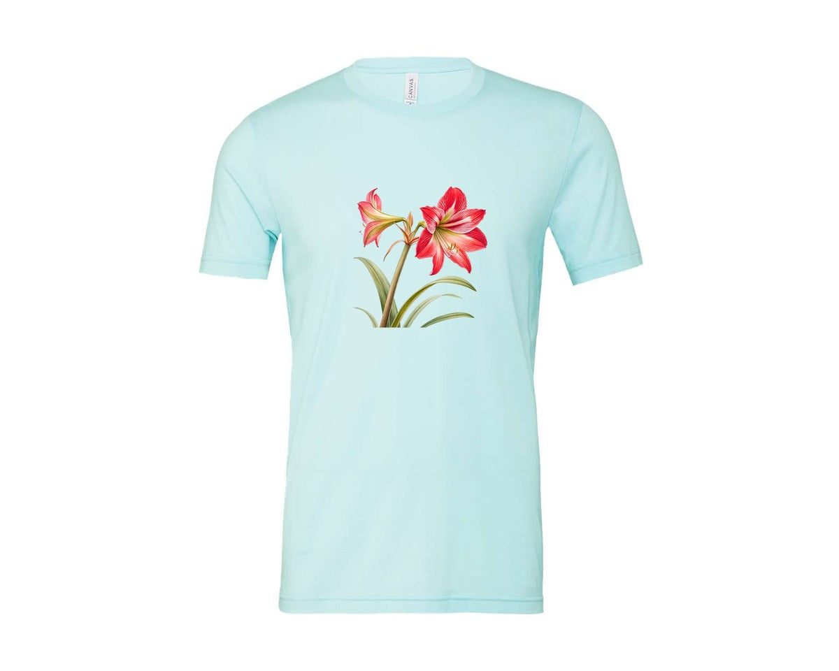 brand:Bella Canvas|color:Heather Ice Blue|Red Amaryllis Flower T Shirt Design Graphic T-Shirt