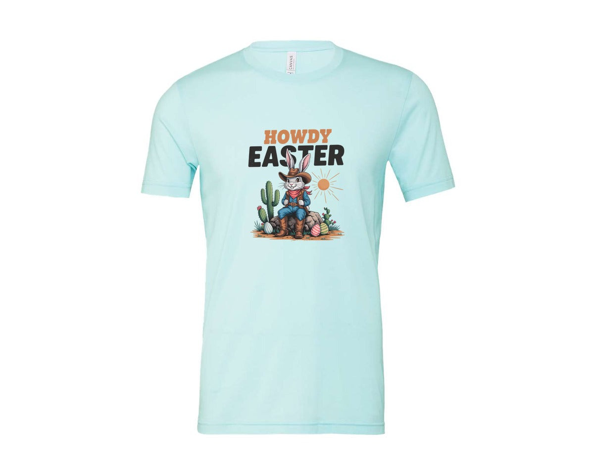 brand:Bella Canvas|color:Heather Ice Blue|Howdy Easter Western Cowboy Bunny 2 Graphic T-Shirt
