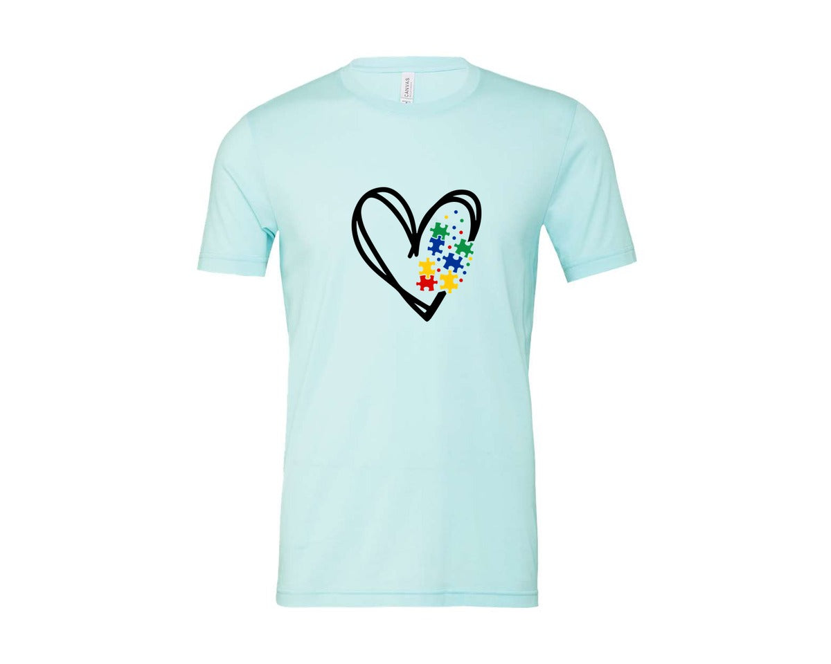 brand:Bella Canvas|color:Heather Ice Blue|Autism Heart Autism Puzzle Graphic T-Shirt