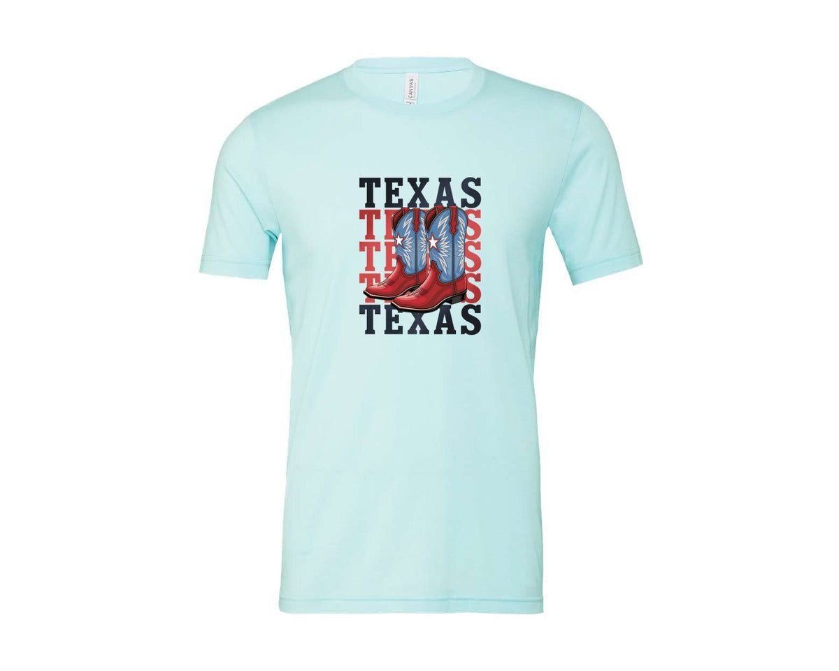brand:Bella Canvas|color:Heather Ice Blue|Texas Cowboy Boots Western Rodeo 4 Graphic T-Shirt