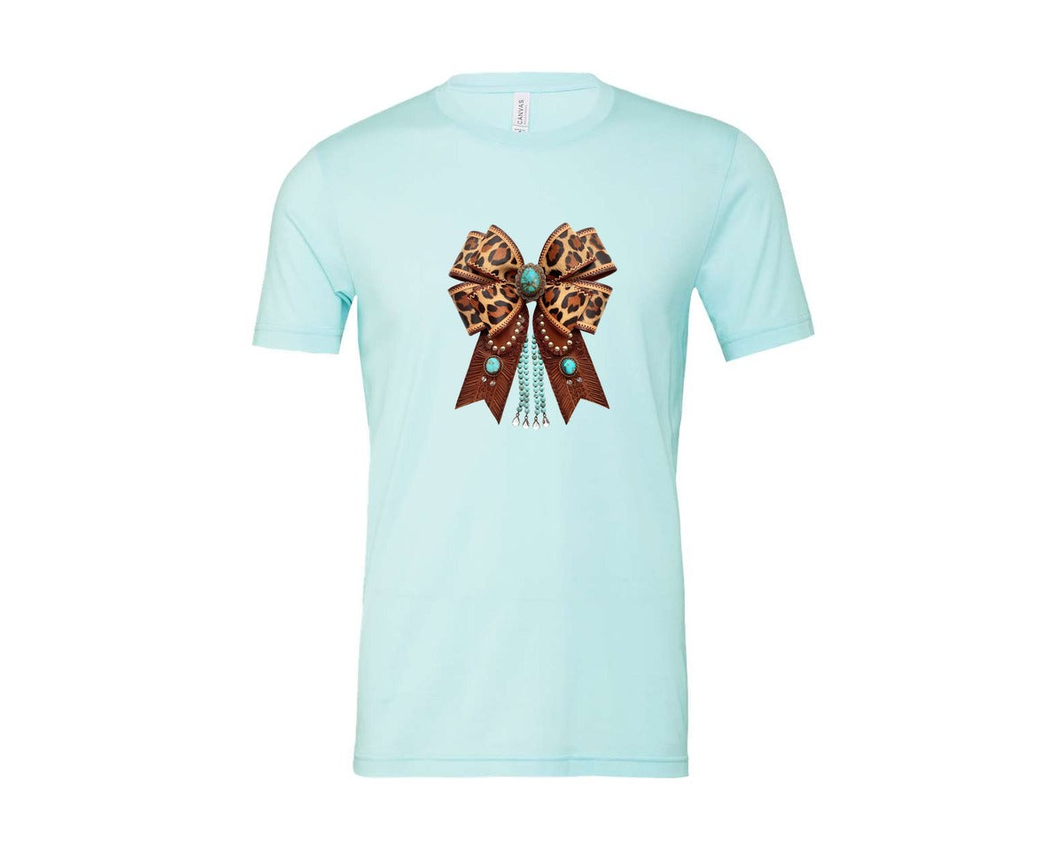 brand:Bella Canvas|color:Heather Ice Blue|Western Leopard Bow Bohemian Coquette Graphic T-Shirt