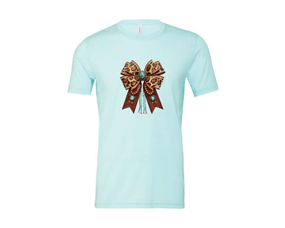 brand:Bella Canvas|color:Heather Ice Blue|Western Leopard Bow Bohemian Coquette Graphic T-Shirt