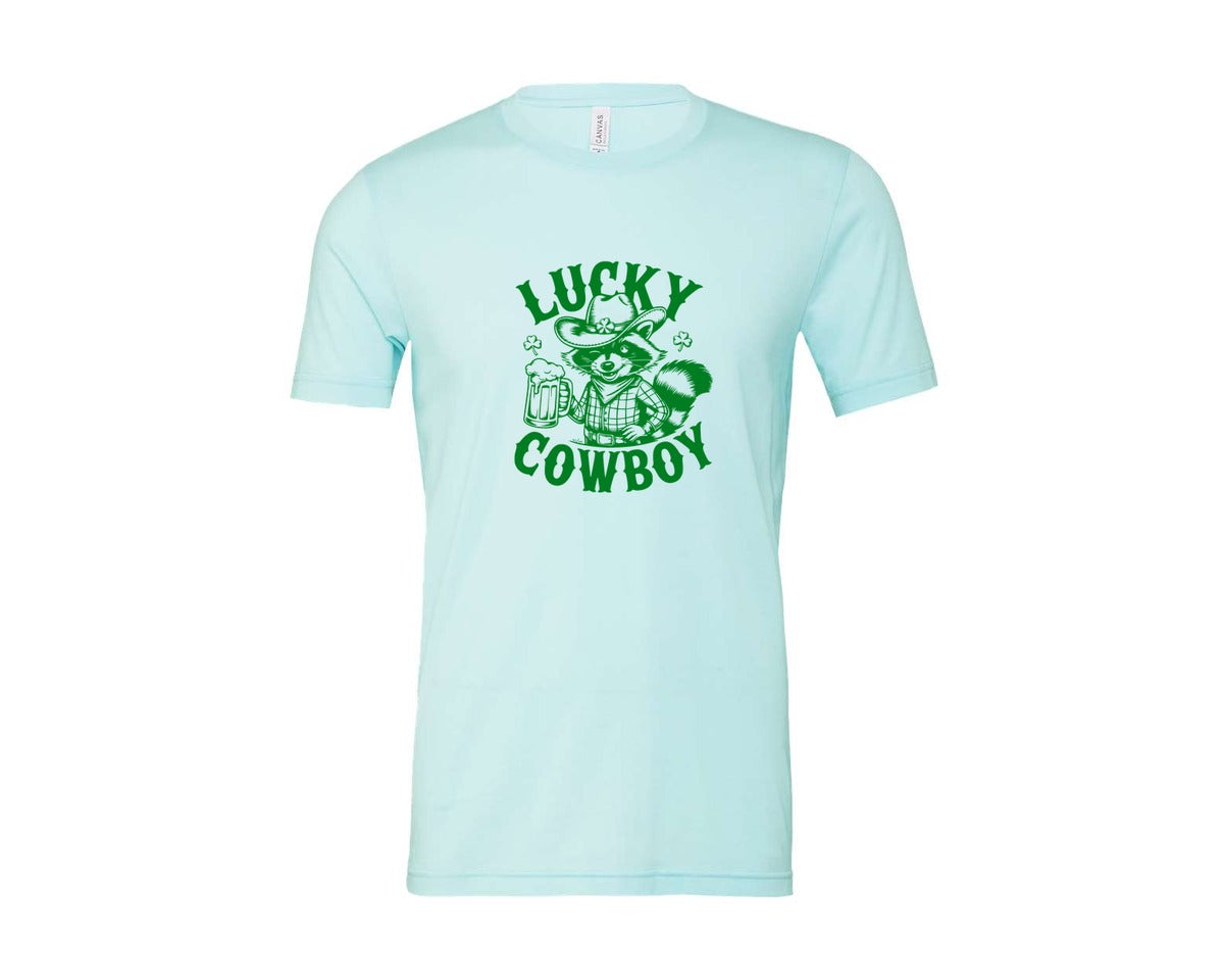 brand:Bella Canvas|color:Heather Ice Blue|Lucky Cowboy Funny St Patricks Day Graphic T-Shirt