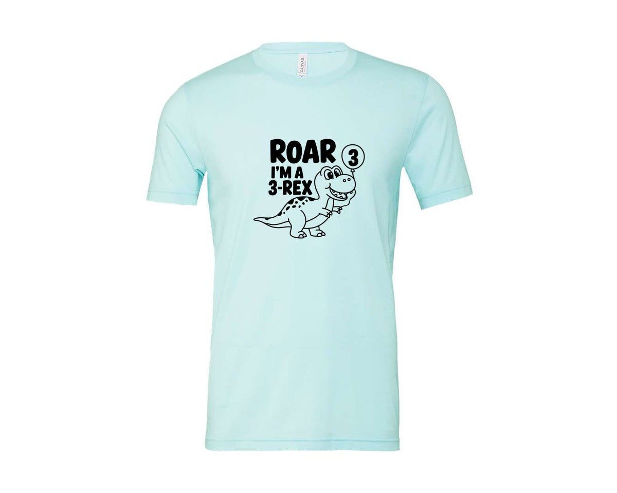 brand:Bella Canvas|color:Heather Ice Blue|3 Rex Dinosaur Birthday Graphic T-Shirt