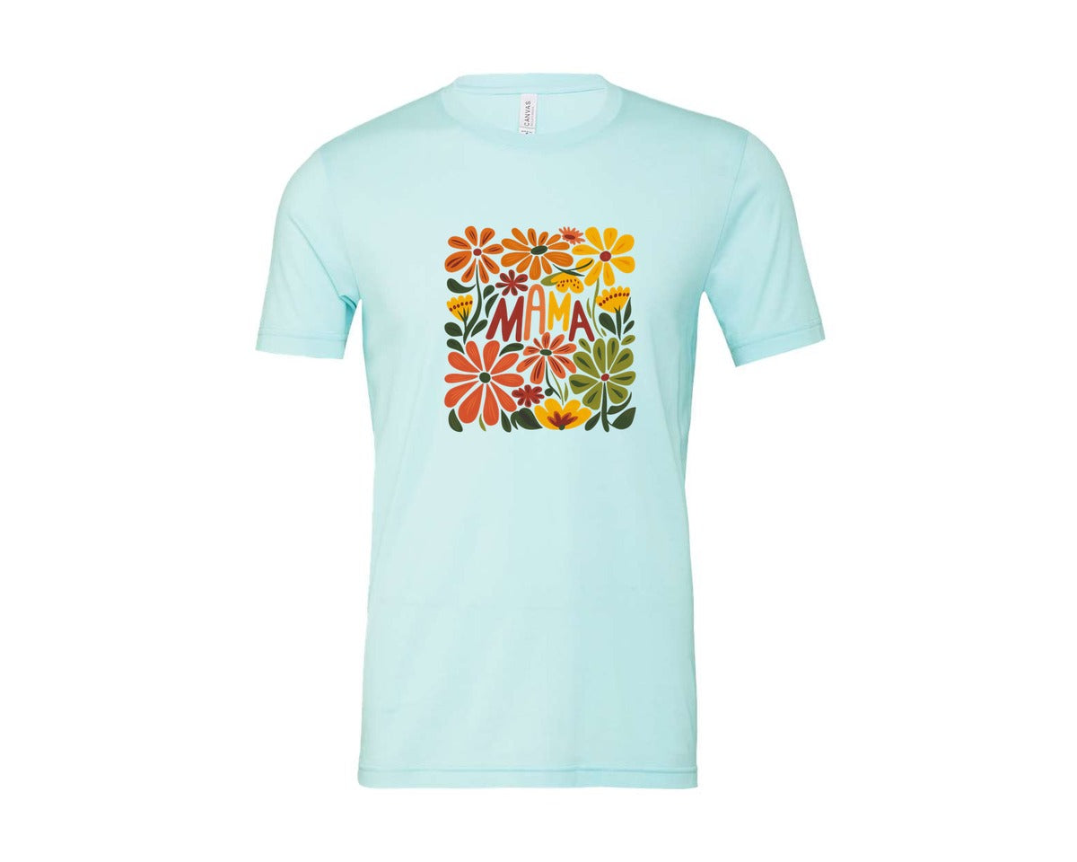 brand:Bella Canvas|color:Heather Ice Blue|Retro Floral Mama Boho Mothers Day 3 Graphic T-Shirt
