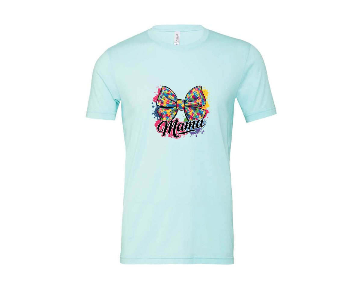 brand:Bella Canvas|color:Heather Ice Blue|Autism Mama Colorful Puzzle Bow Art Graphic T-Shirt