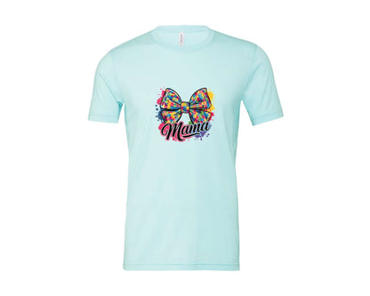 brand:Bella Canvas|color:Heather Ice Blue|Autism Mama Colorful Puzzle Bow Art Graphic T-Shirt