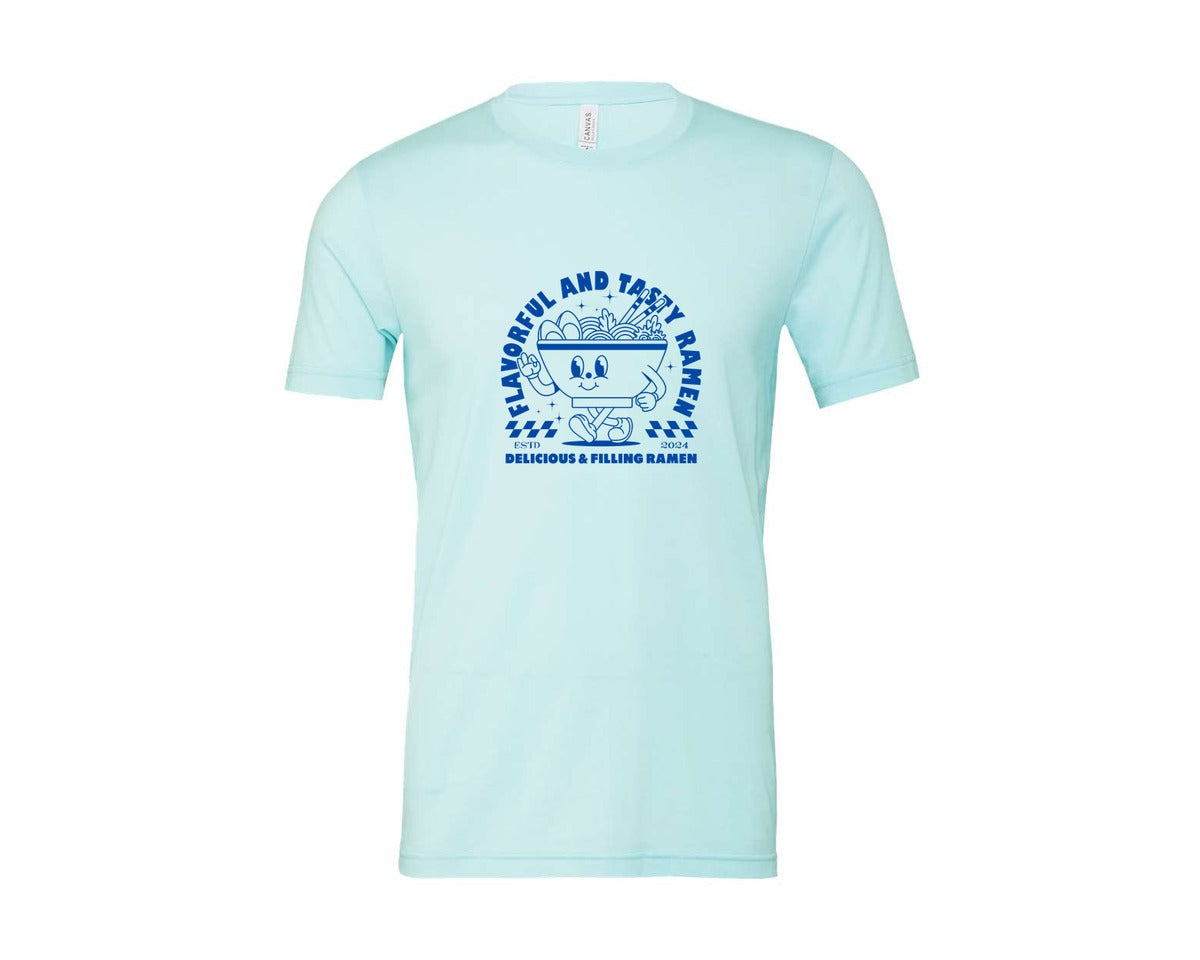 brand:Bella Canvas|color:Heather Ice Blue|Retro Ramen Noodle Cartoon Mascot Design Graphic T-Shirt