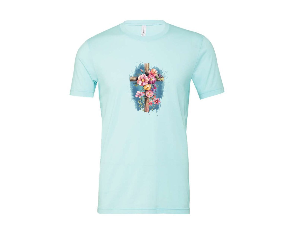 brand:Bella Canvas|color:Heather Ice Blue|Floral Christian Cross Graphic T-Shirt
