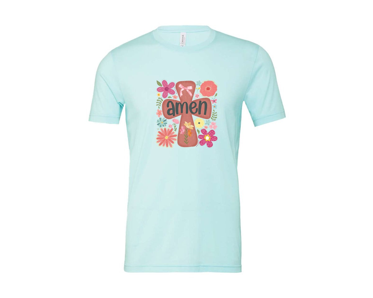 brand:Bella Canvas|color:Heather Ice Blue|Boho Floral Amen Christian Graphic T-Shirt