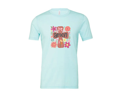 brand:Bella Canvas|color:Heather Ice Blue|Boho Floral Amen Christian Graphic T-Shirt