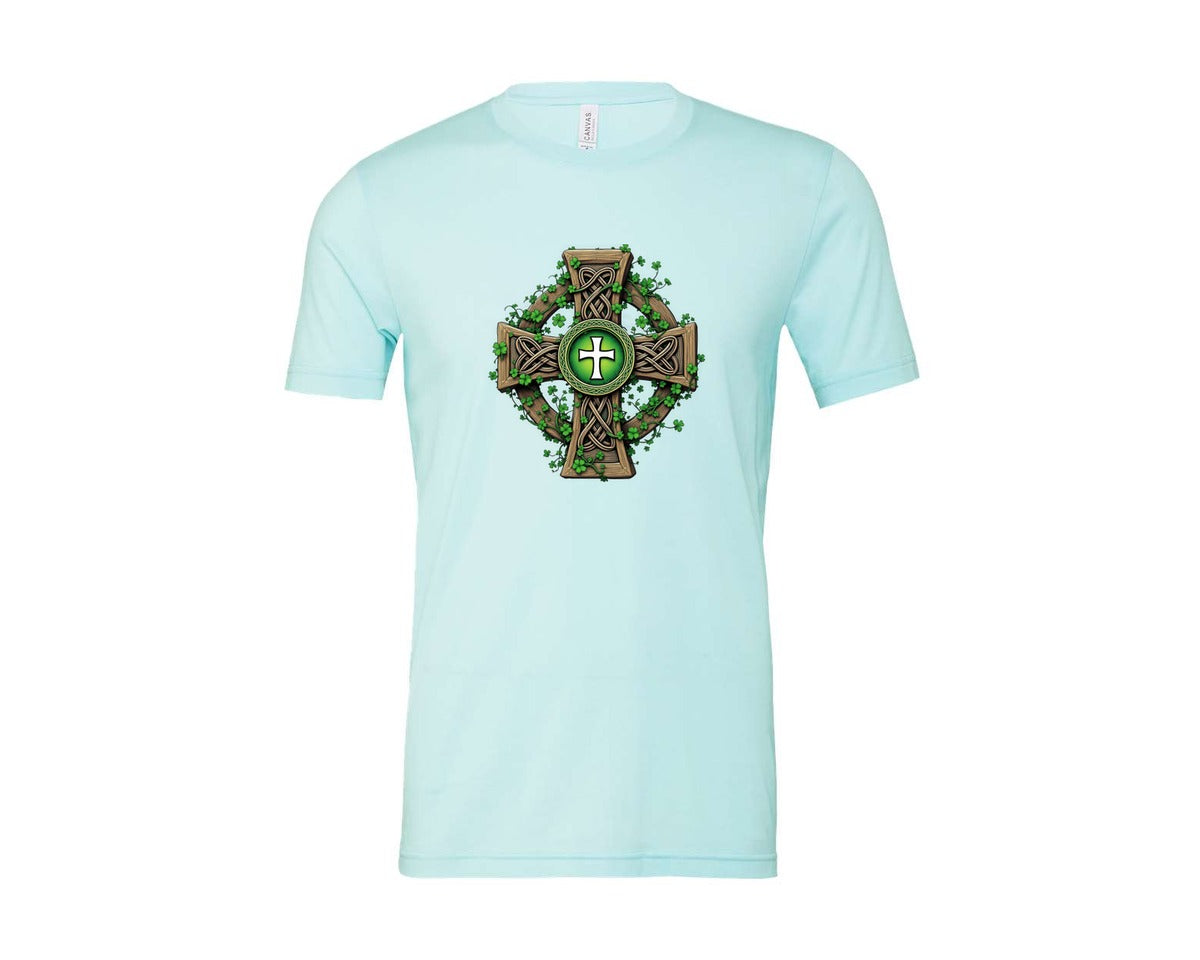 brand:Bella Canvas|color:Heather Ice Blue|Celtic Cross With Shamrocks Irish Graphic T-Shirt