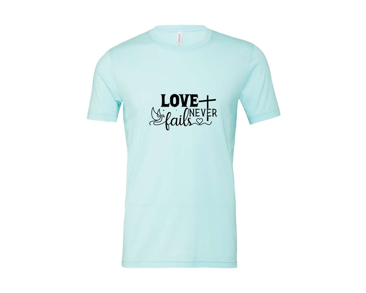 brand:Bella Canvas|color:Heather Ice Blue|Love Never Fails Sleeve Svgbible Quotes Graphic T-Shirt