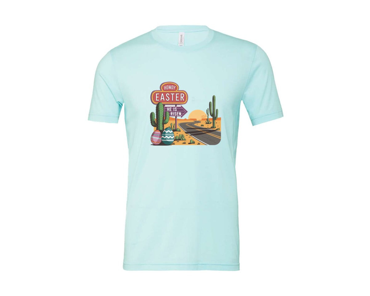 brand:Bella Canvas|color:Heather Ice Blue|Howdy Easter Western Desert Easter 3 Graphic T-Shirt