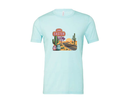 brand:Bella Canvas|color:Heather Ice Blue|Howdy Easter Western Desert Easter 3 Graphic T-Shirt